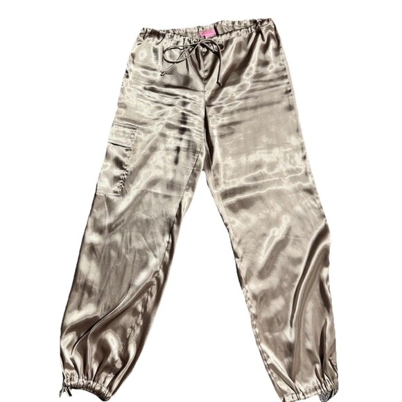She's Cool Women's gold satin pants Boho Y2K Vintage Joggers with pockets Large - Picture 1 of 11